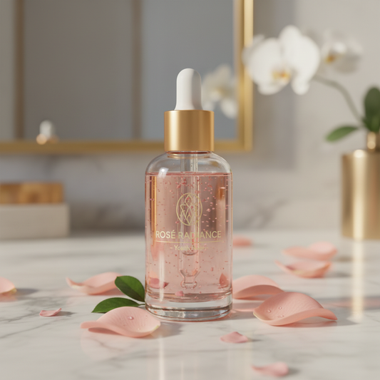 Rose face serum in glass dropper bottle